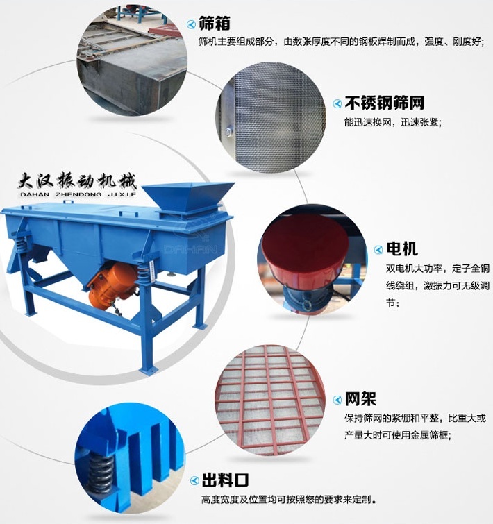 525型直線振動篩結構細節：篩箱：篩機主要組成部分，由數張厚度不同的鋼板焊制而成，強度，剛度好。不銹鋼篩網：能速換網，迅速張緊。電機：雙電機大功率，定子全銅線繞組，激振力可無級調節。網架：保持篩網的緊繃和平整，比重大或產量大時可使用金屬篩框。出料口：高度寬度及位置均可按照您的要求定制。