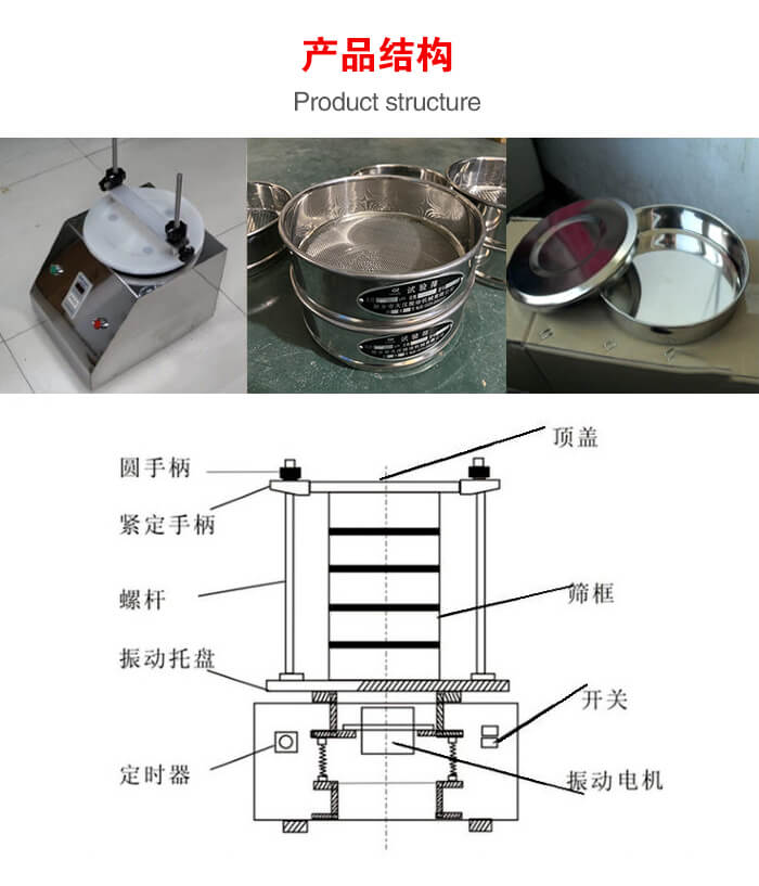 實驗室振動篩-試驗篩結構主要由：圓手柄，緊定手柄，螺桿，振動托盤，篩框，頂蓋等。
